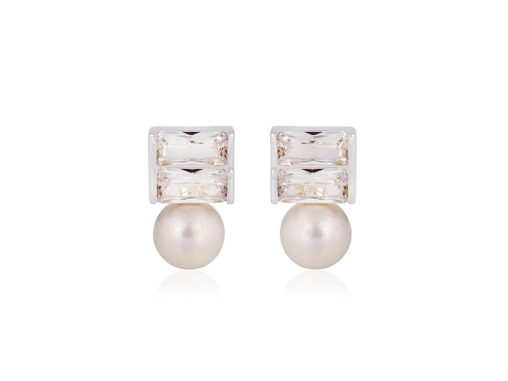Lola Knight - Luna - Pearl & Baguette Crystal Earrings - Silver