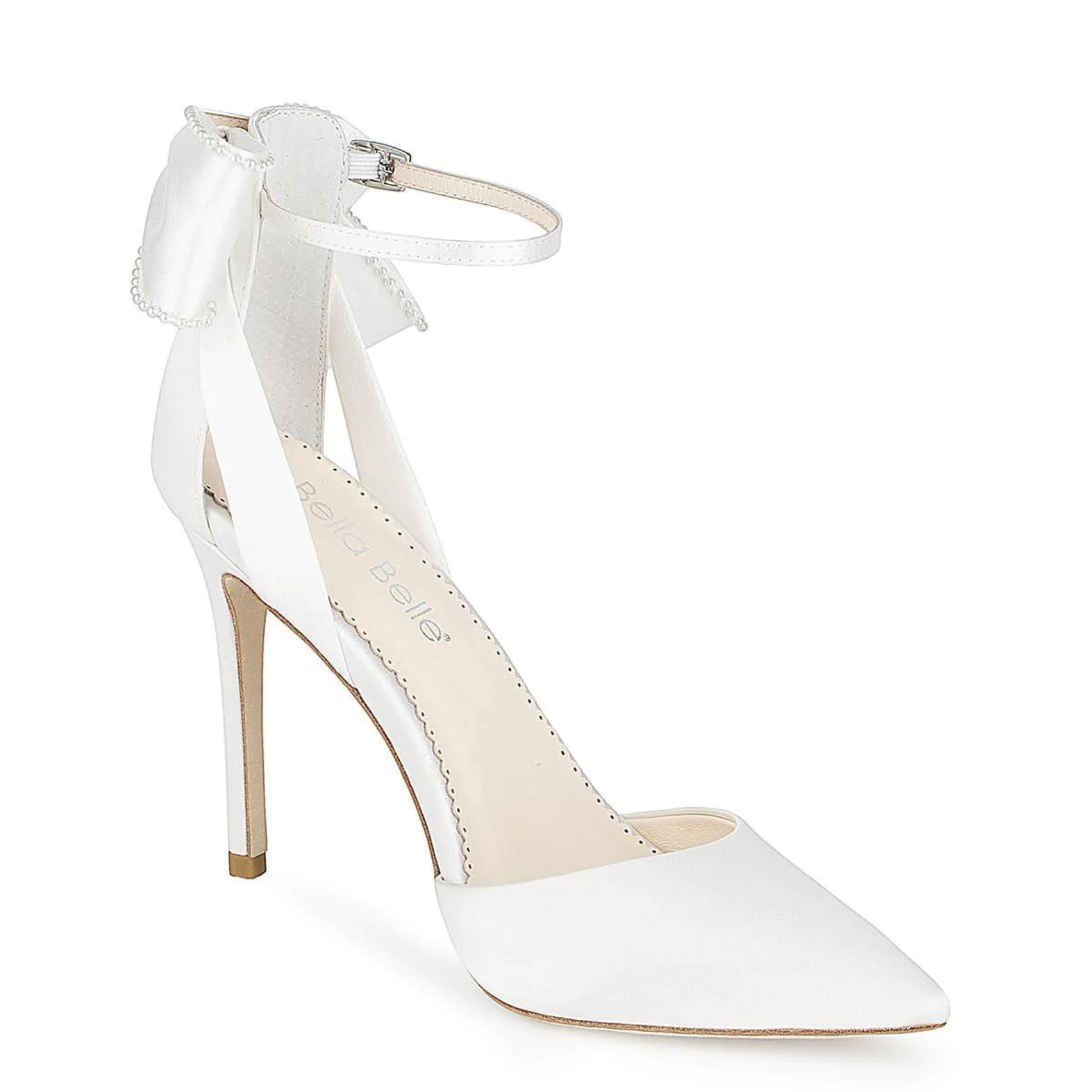 Mirabelle - Ivory Pearl Stiletto Wedding Heels with Ankle Strap Bow