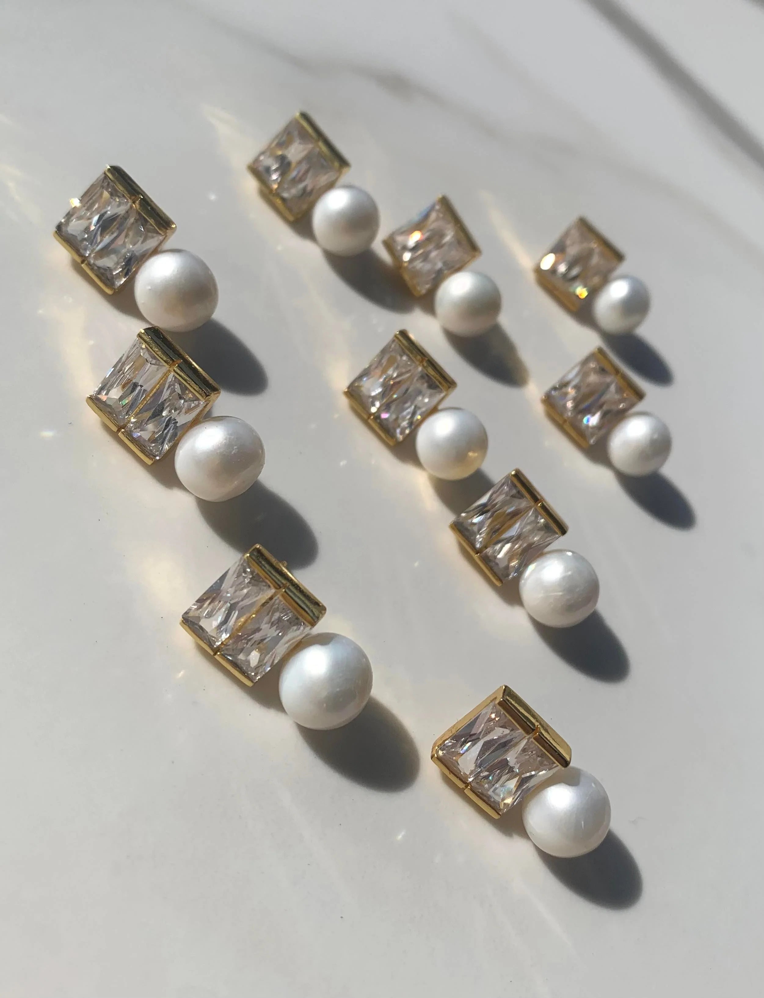 Lola Knight - Luna - Pearl & Baguette Crystal Earrings - 18 CT Gold