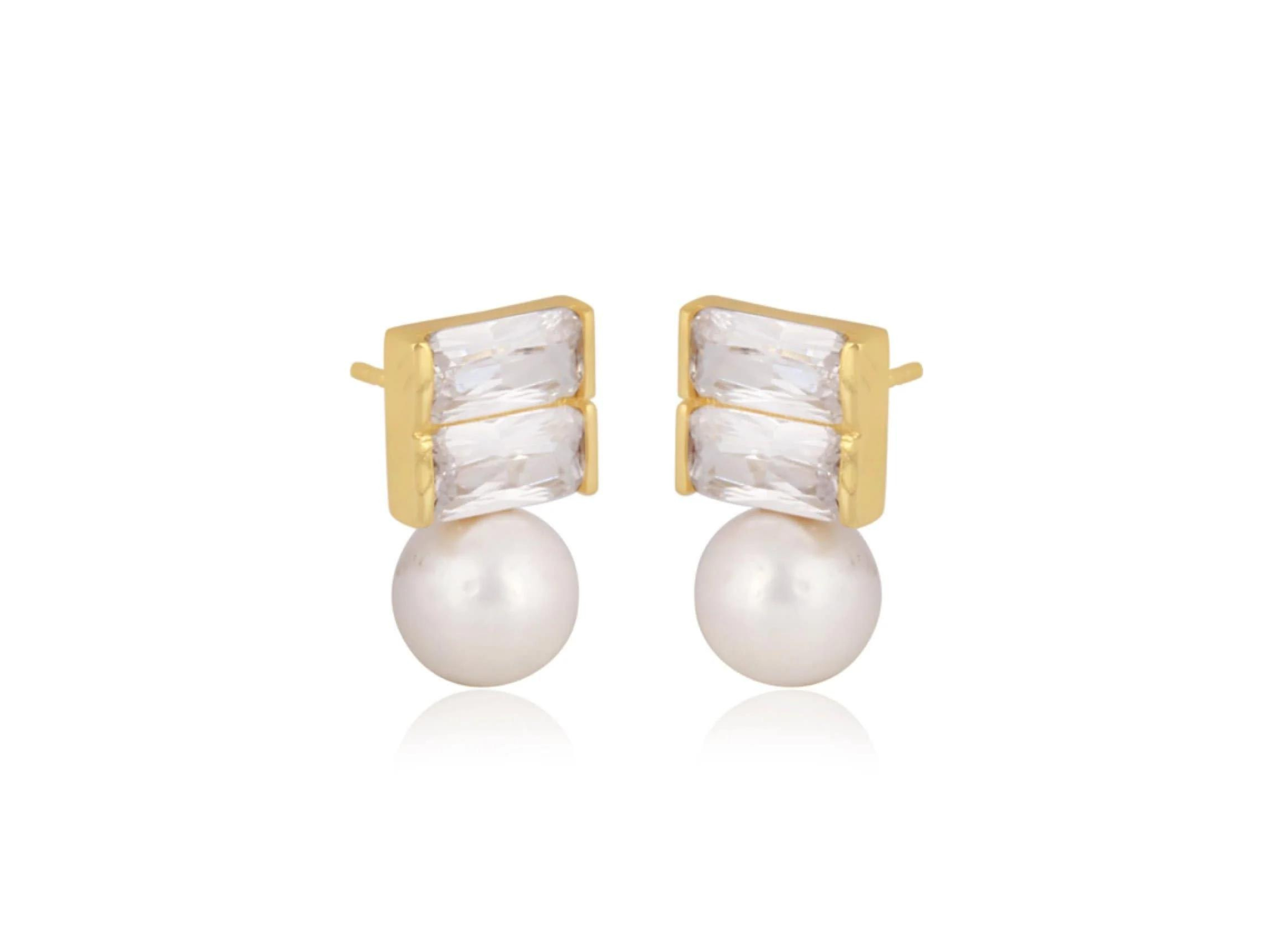 Lola Knight - Luna - Pearl & Baguette Crystal Earrings - 18 CT Gold
