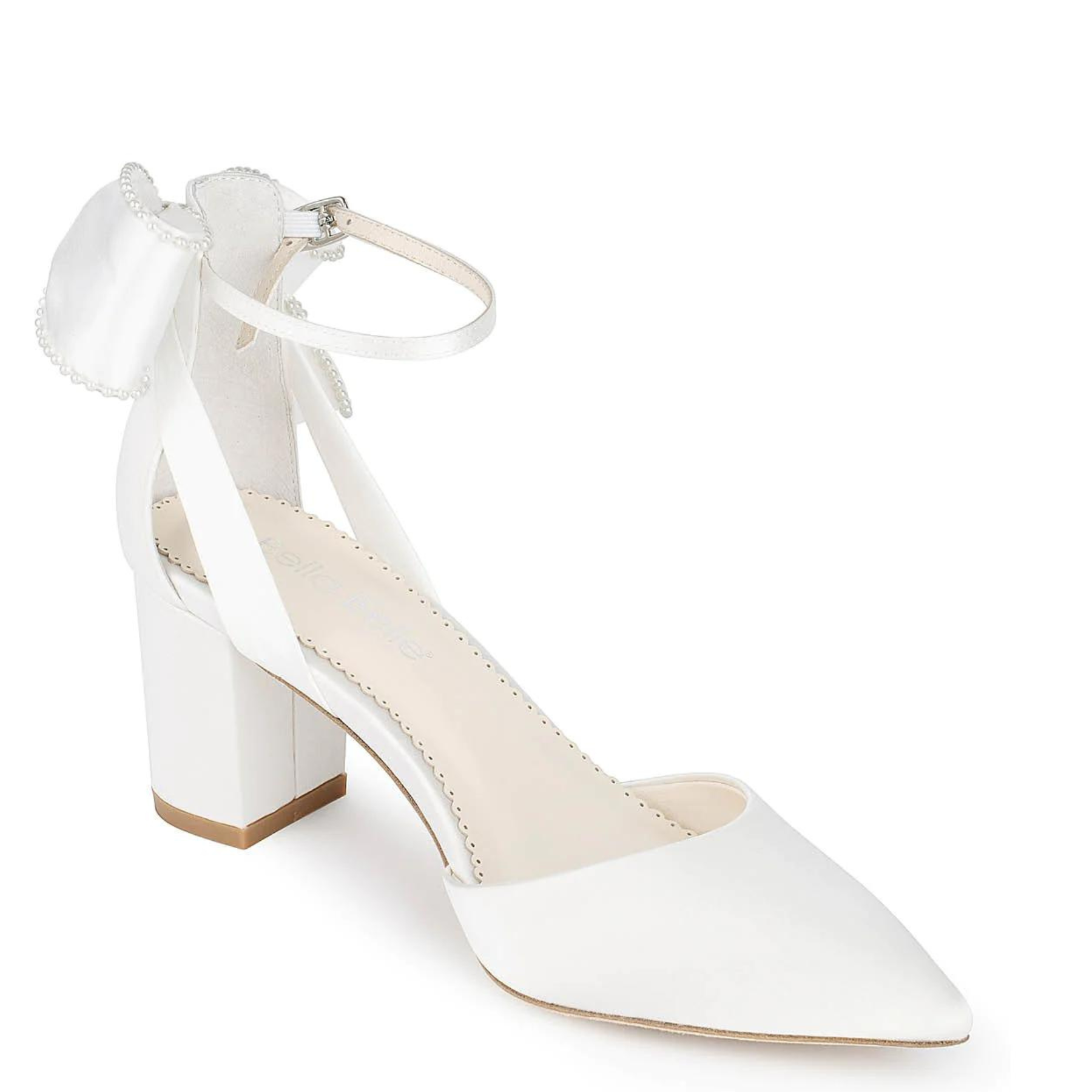 Molly - Ivory Pearl Block Wedding Heels with Ankle Strap Bow