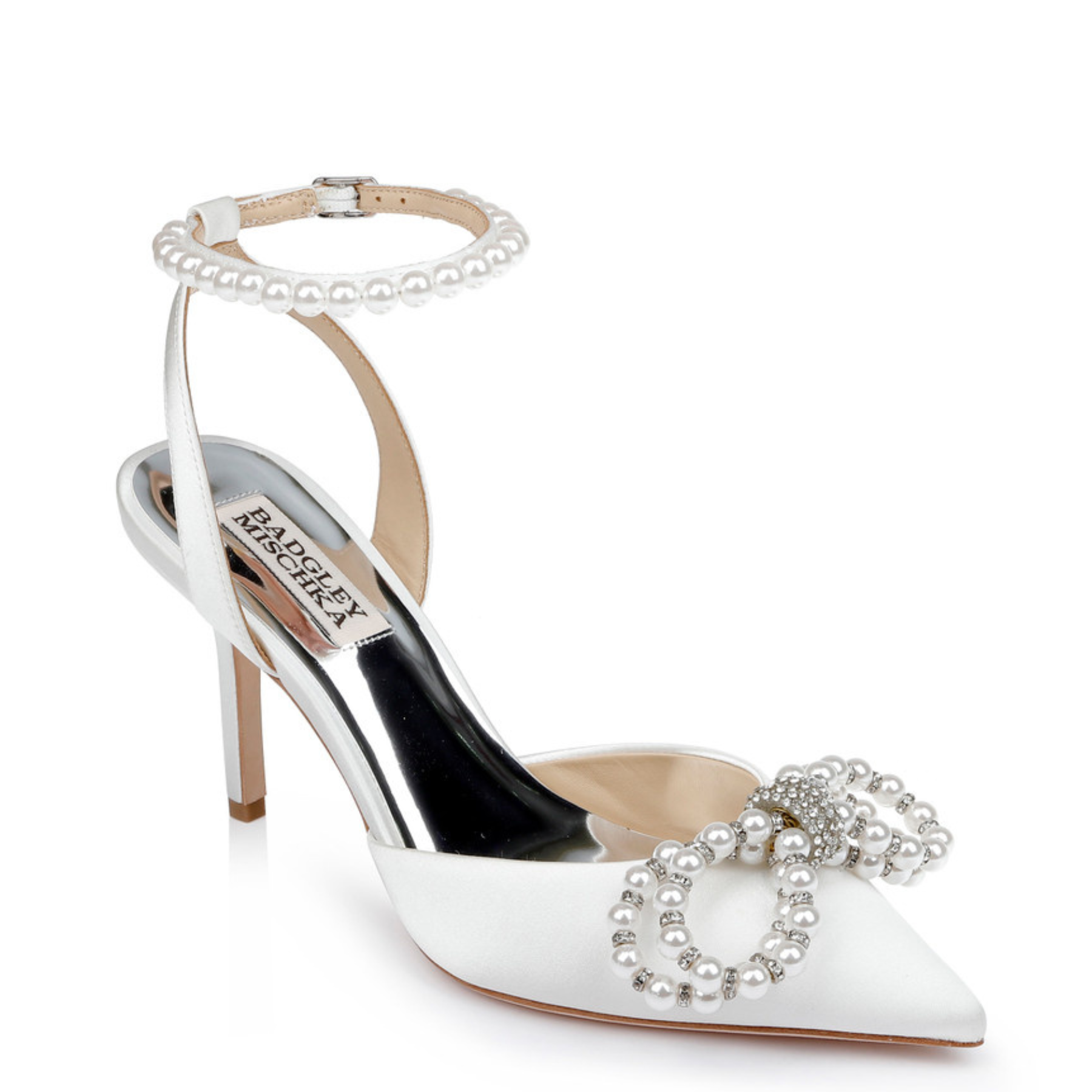 Faint - Pointed Toe Stiletto With Pearl & Crystal Bow- Soft White