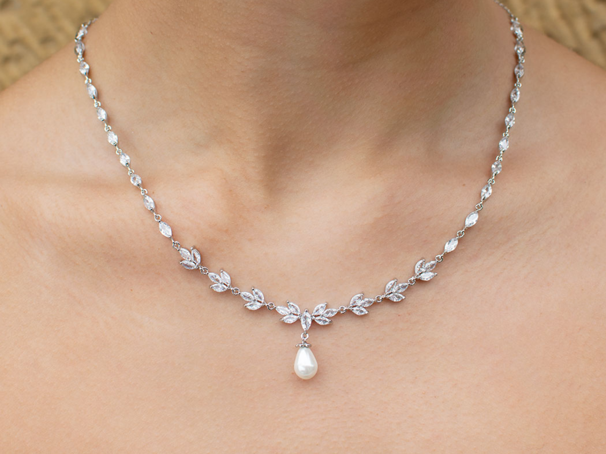 Liliana  - Delicate Crystal and Pearl Drop Bridal Necklace