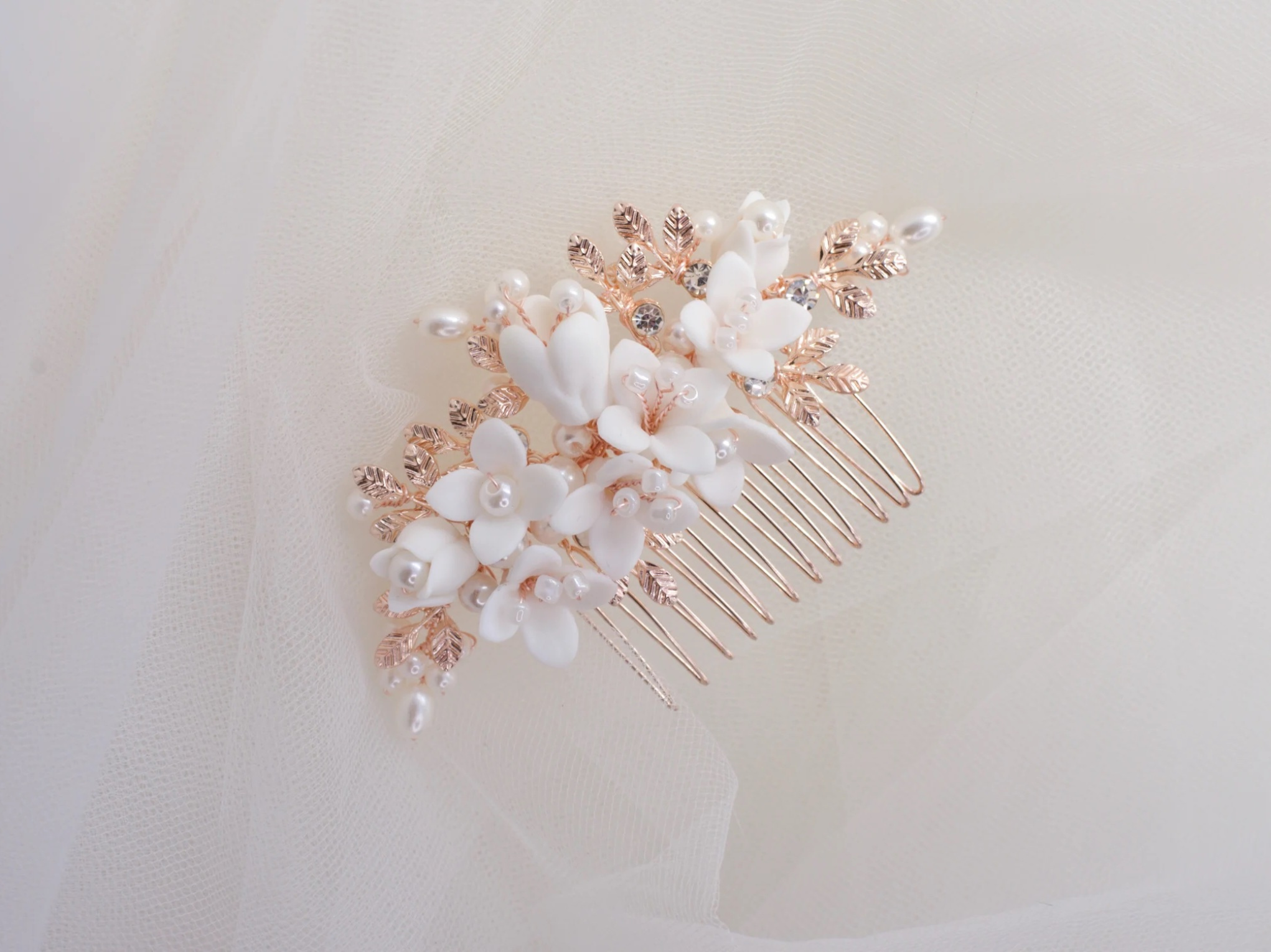 Cora - Porcelain Floral & Pearl Bridal Hair Comb