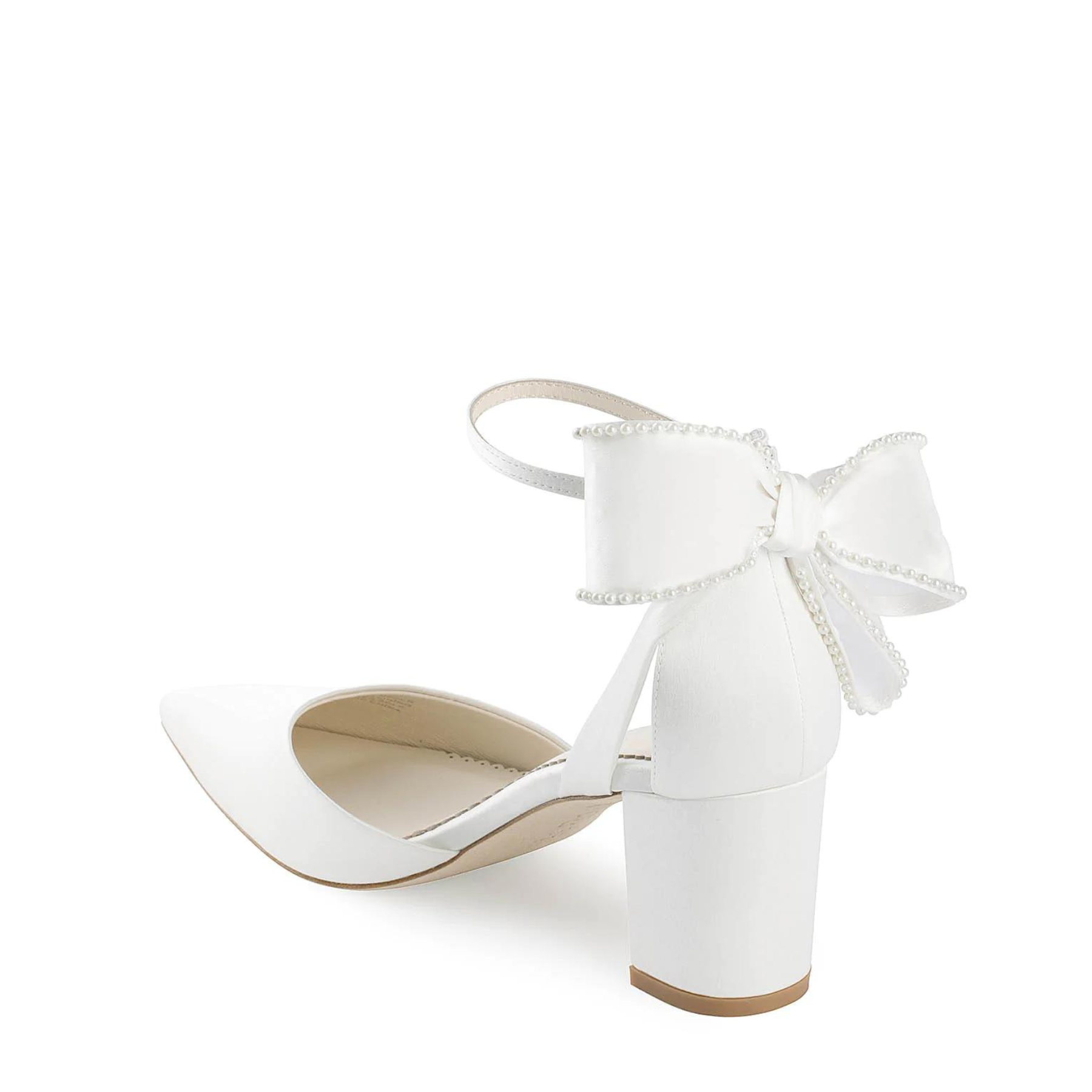 Molly - Ivory Pearl Block Wedding Heels with Ankle Strap Bow