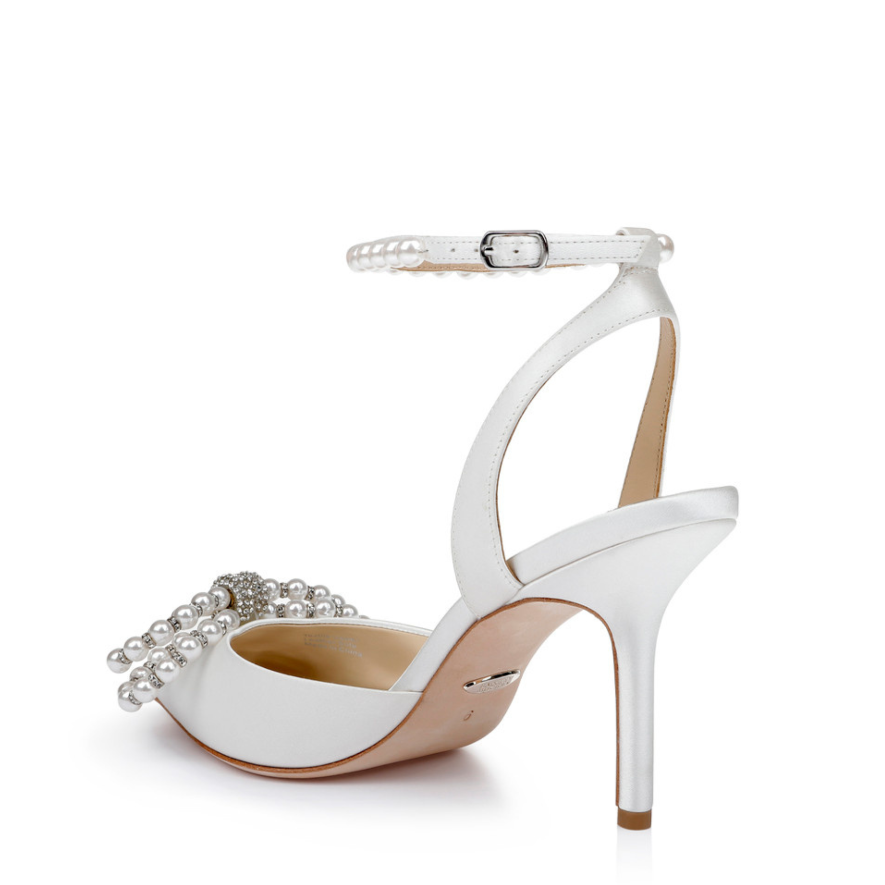 Faint - Pointed Toe Stiletto With Pearl & Crystal Bow- Soft White