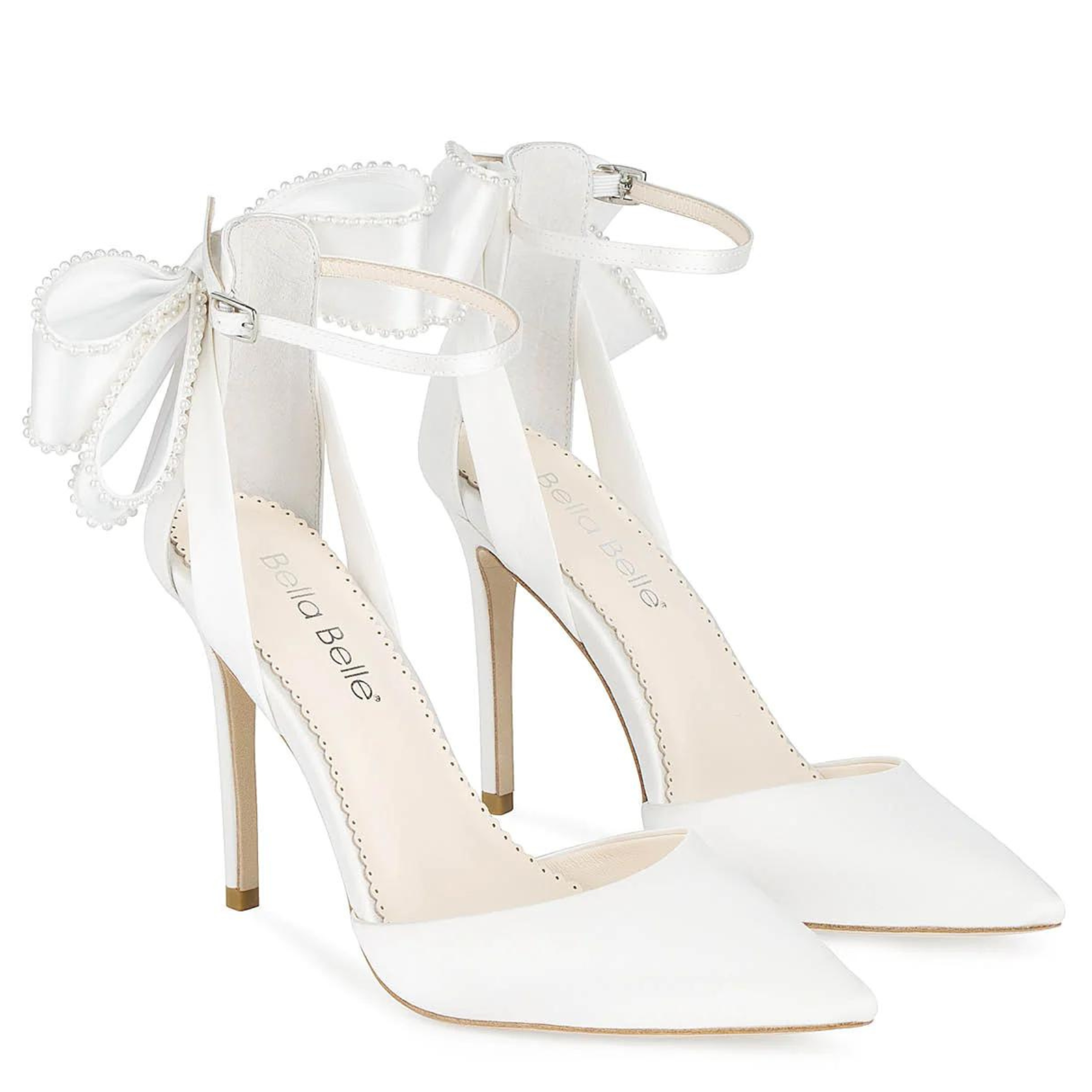 Mirabelle - Ivory Pearl Stiletto Wedding Heels with Ankle Strap Bow