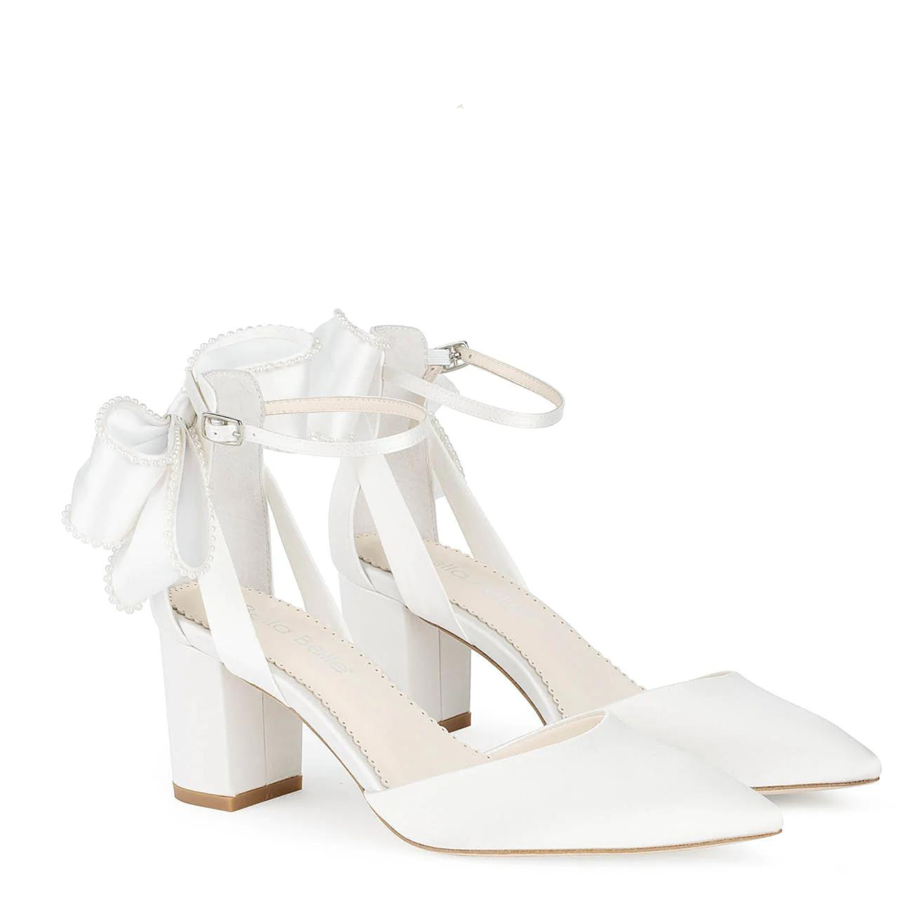 Molly - Ivory Pearl Block Wedding Heels with Ankle Strap Bow