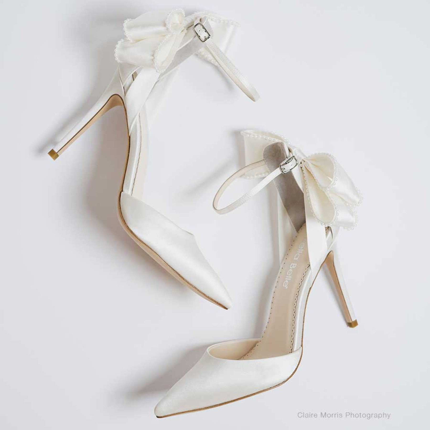 Mirabelle - Ivory Pearl Stiletto Wedding Heels with Ankle Strap Bow