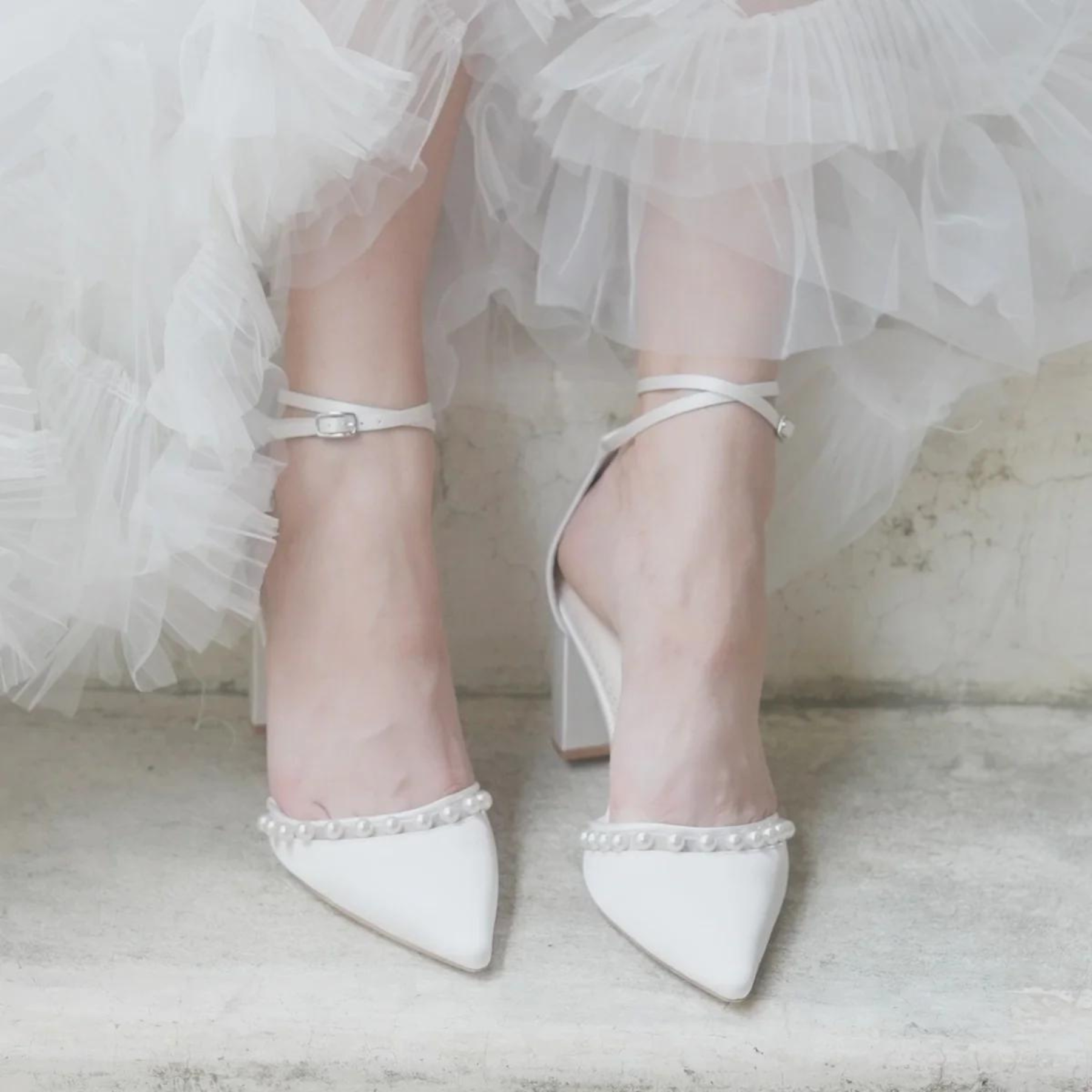 Emery - Ivory Pearl Double Ankle Strap Bridal Block Heels