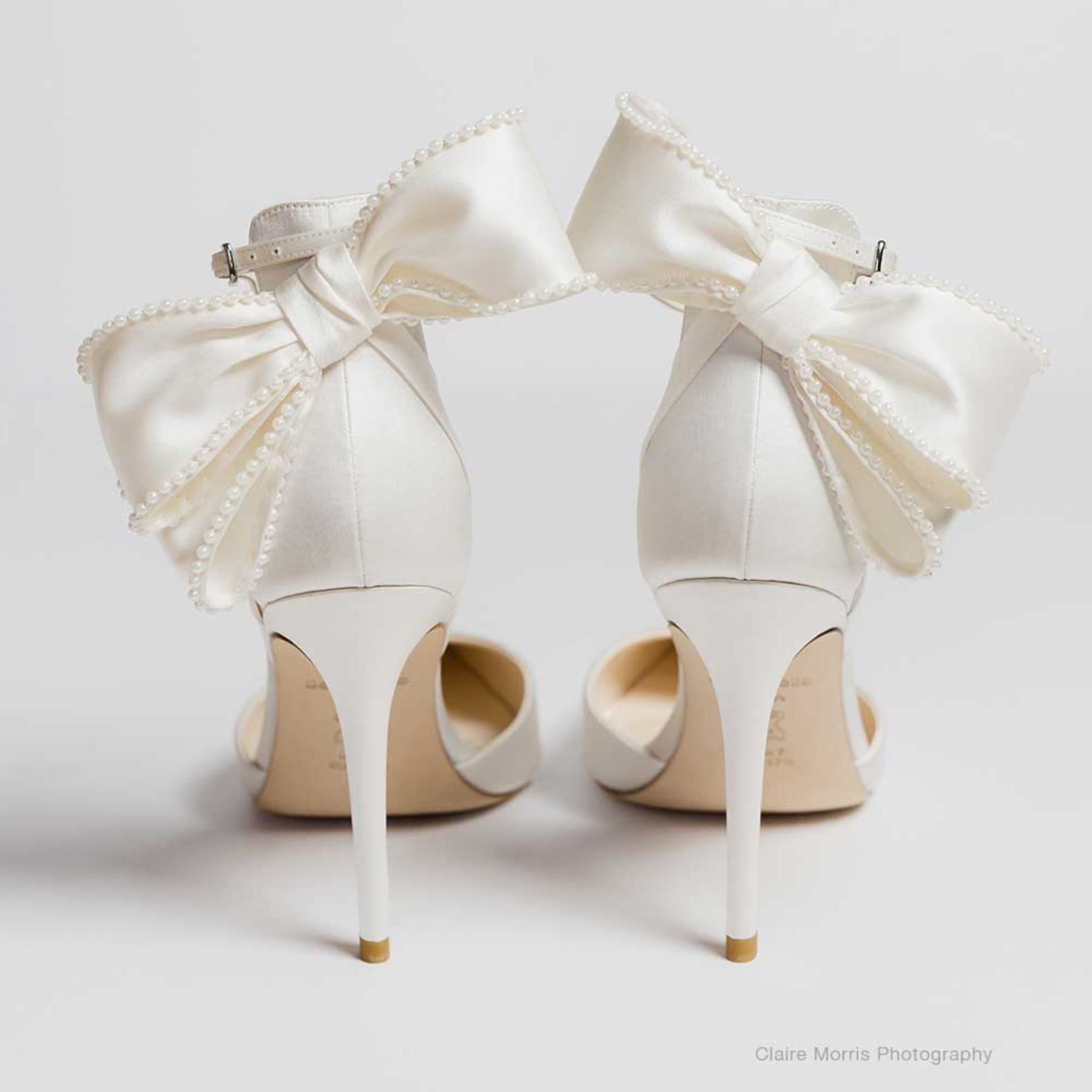 Mirabelle - Ivory Pearl Stiletto Wedding Heels with Ankle Strap Bow