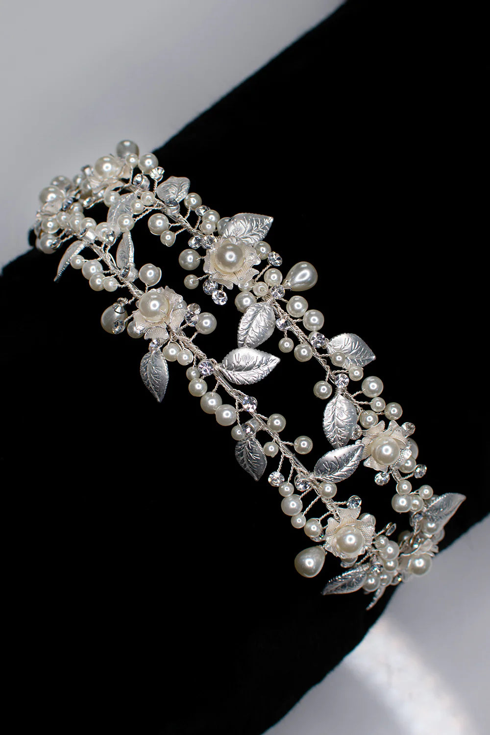 Hailey - Pearl Crystal Flower Double Bridal Headband