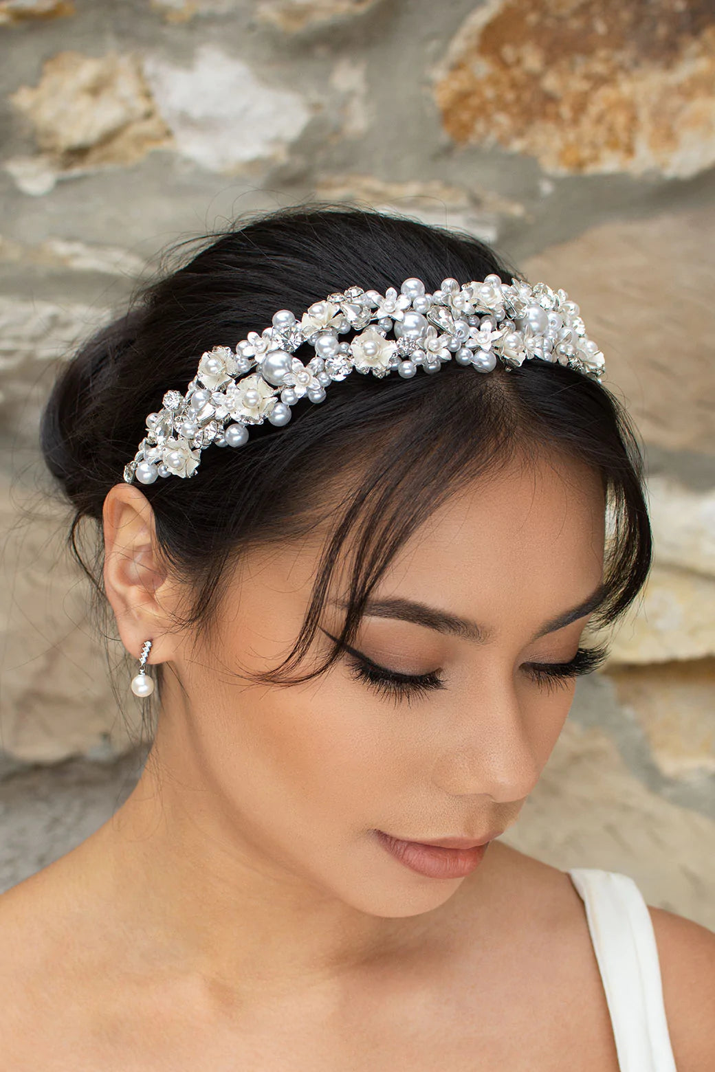 Veronica - Pearl Crystal Flowery Double Bridal Headband