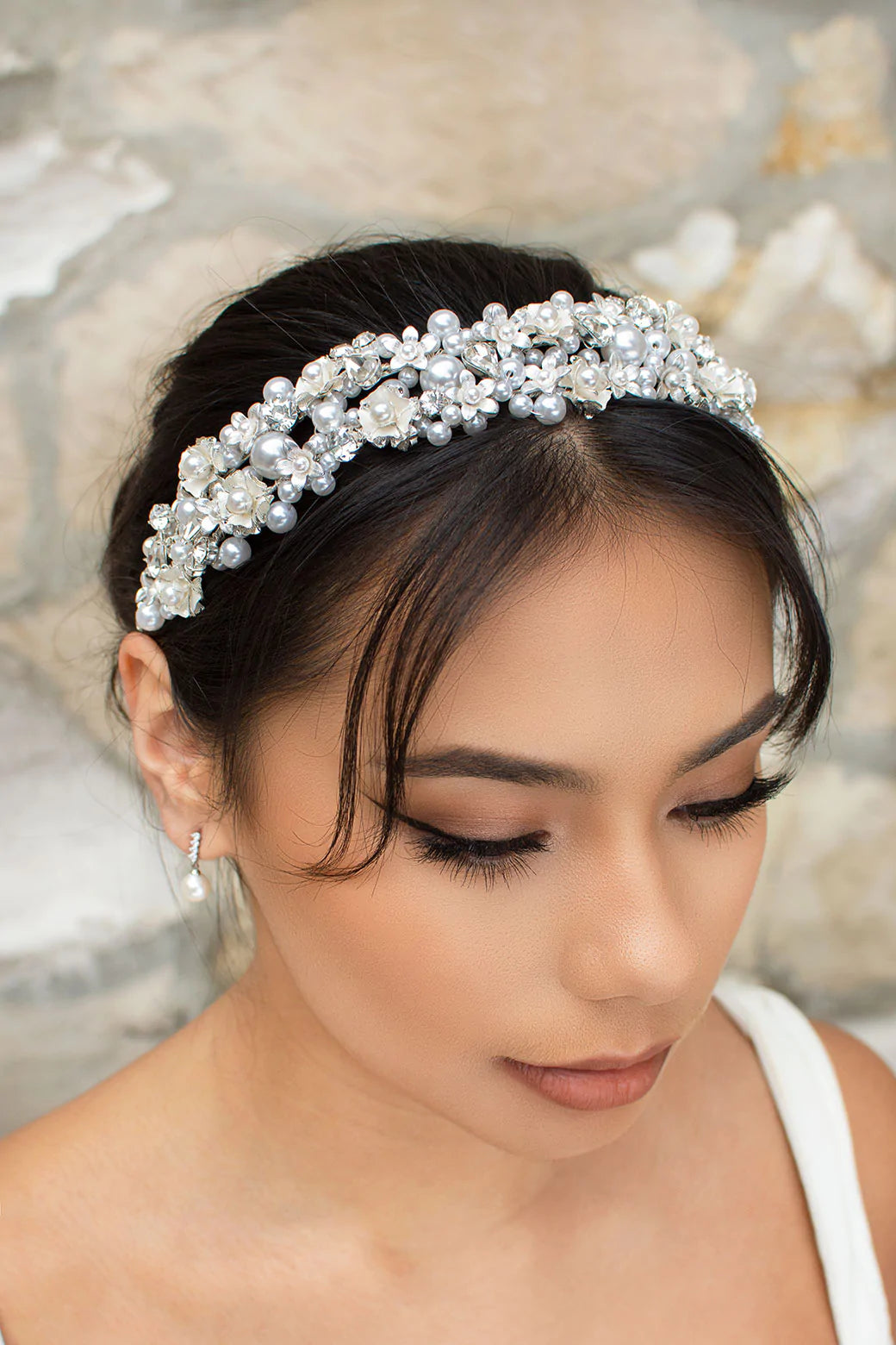 Veronica - Pearl Crystal Flowery Double Bridal Headband