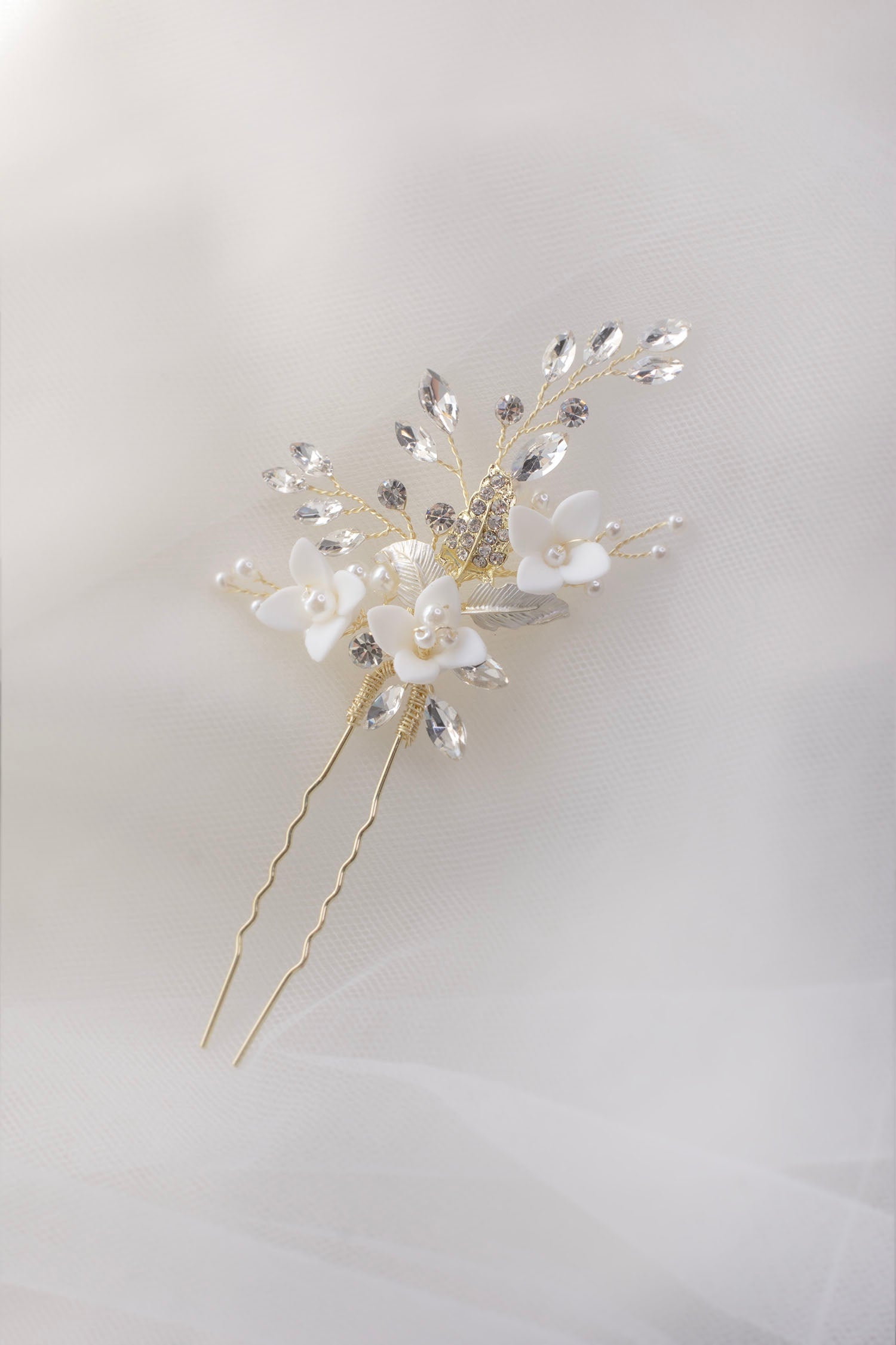 Lana - Porcelain Flower, Crystal & Pearl Bridal Hair Pin