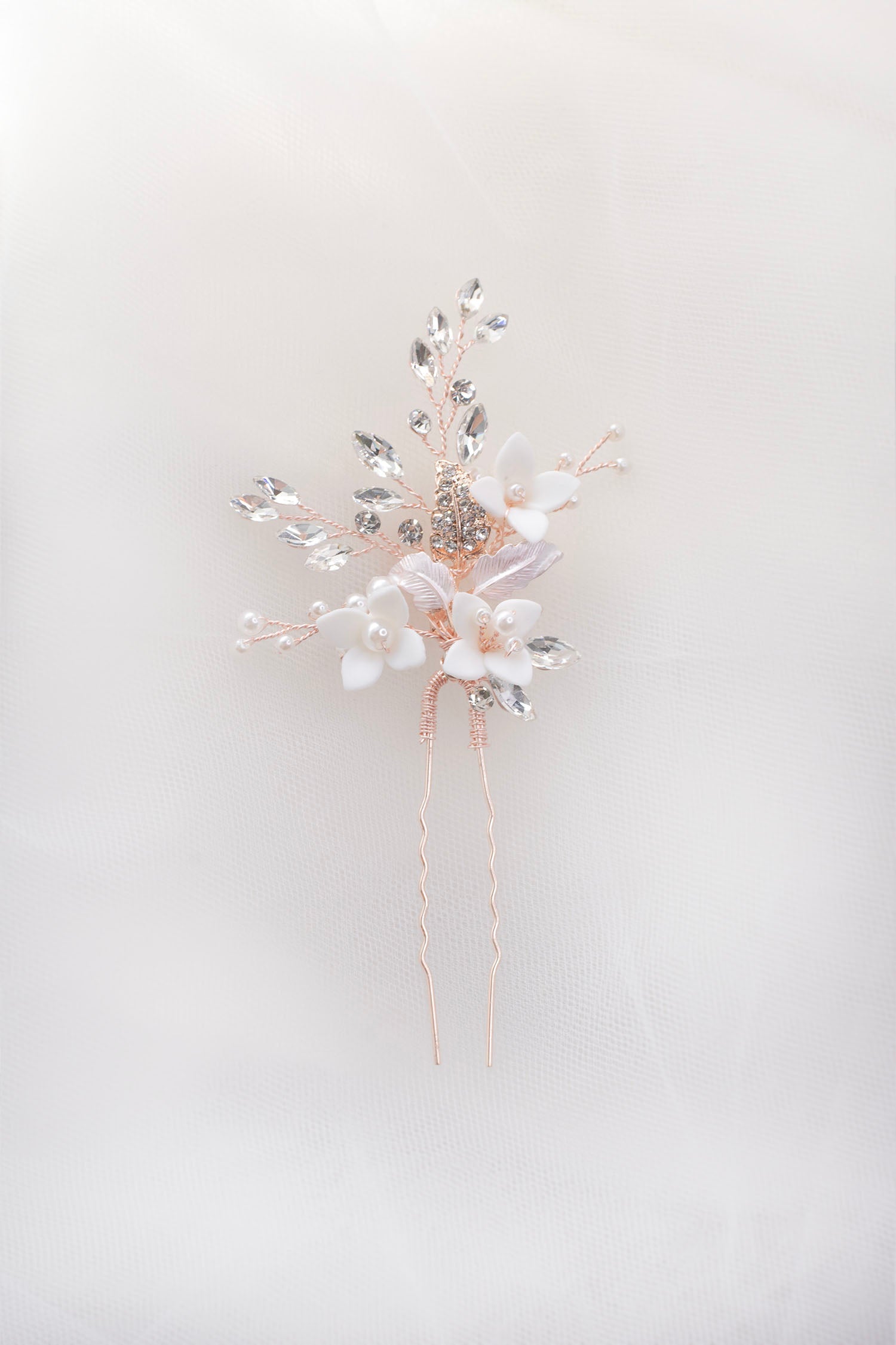 Lana - Porcelain Flower, Crystal & Pearl Bridal Hair Pin