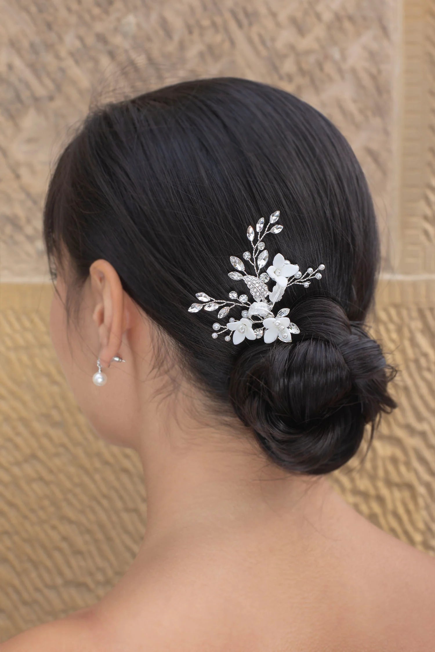 Lana - Porcelain Flower, Crystal & Pearl Bridal Hair Pin
