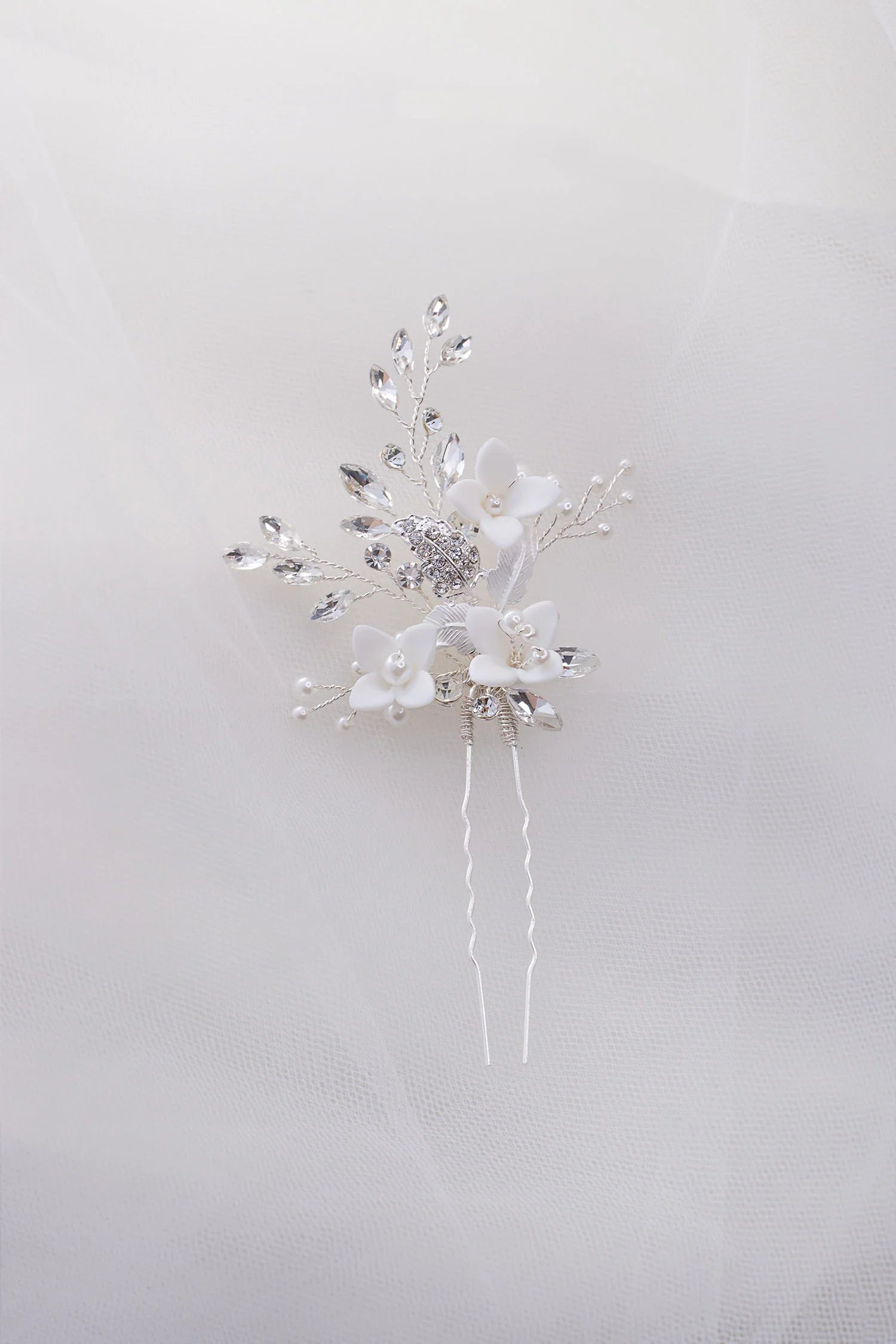 Lana - Porcelain Flower, Crystal & Pearl Bridal Hair Pin