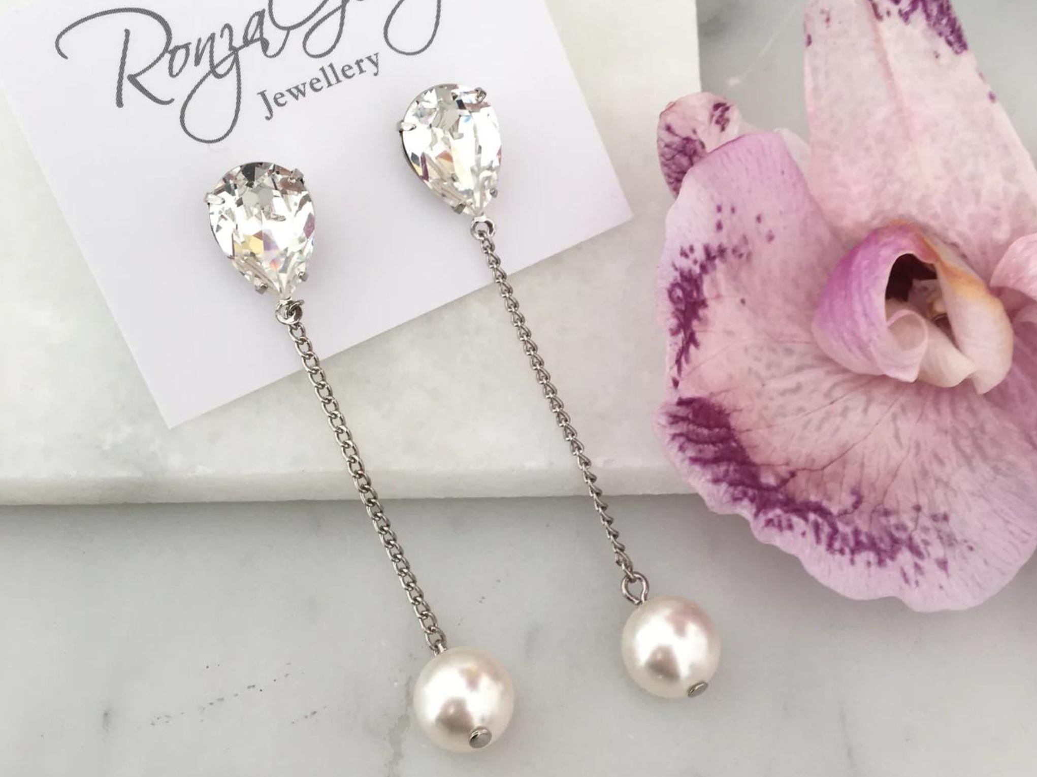 Mia Pearl Silver Swarovski Crystal and Pearl Bridal Drop