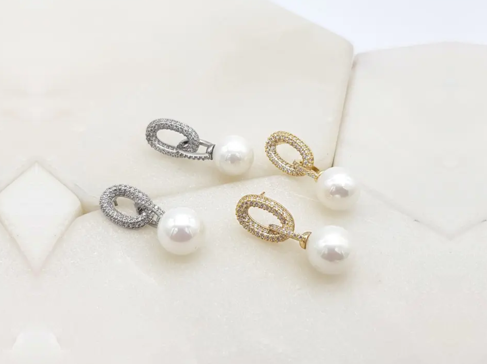 Chloe - Modern Pave Crystal Pearl Bridal Drop Earrings