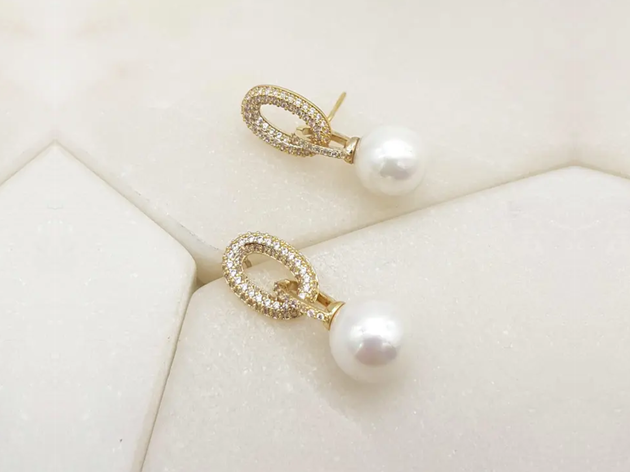 Chloe Modern Pave Crystal Pearl Bridal Drop Earrings The White